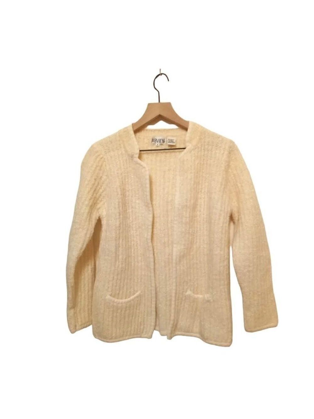 ABVIEN Vintage Ivory Wool Blend Open Front Cardigan Sz M